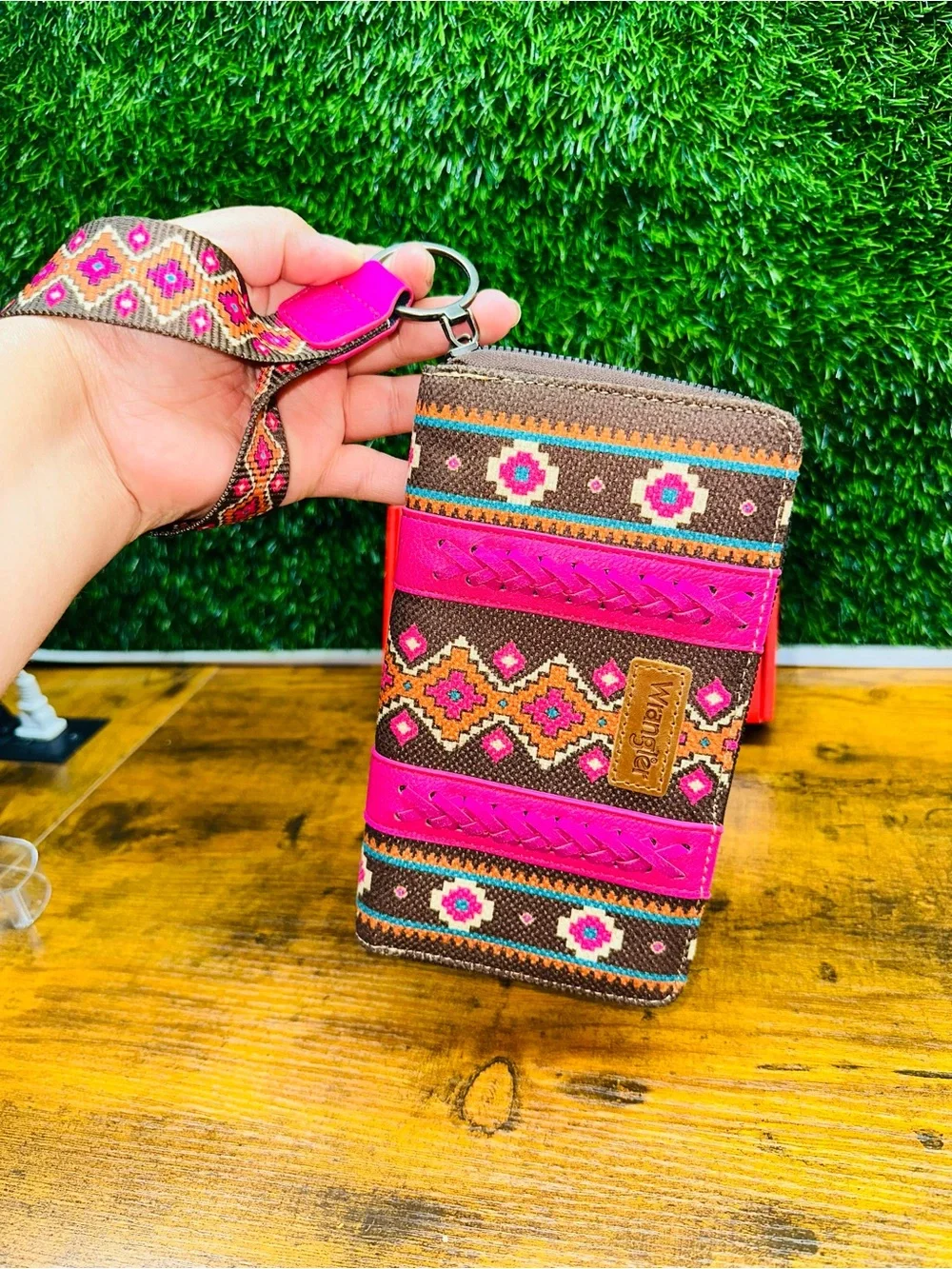 Wrangler Pink and Brown Embroidered Wristlet Wallet with Strap